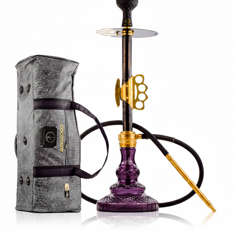 Knuckler Hookah - Golden Stem / Emerald purple Base with Grey bag